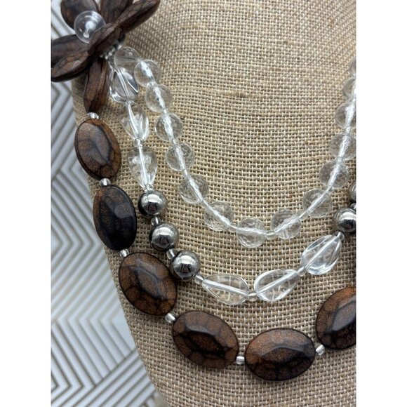 Silver Tone & Brown Bead Collar Statement Necklace Multi Strand Flower Boho - Picture 4 of 10